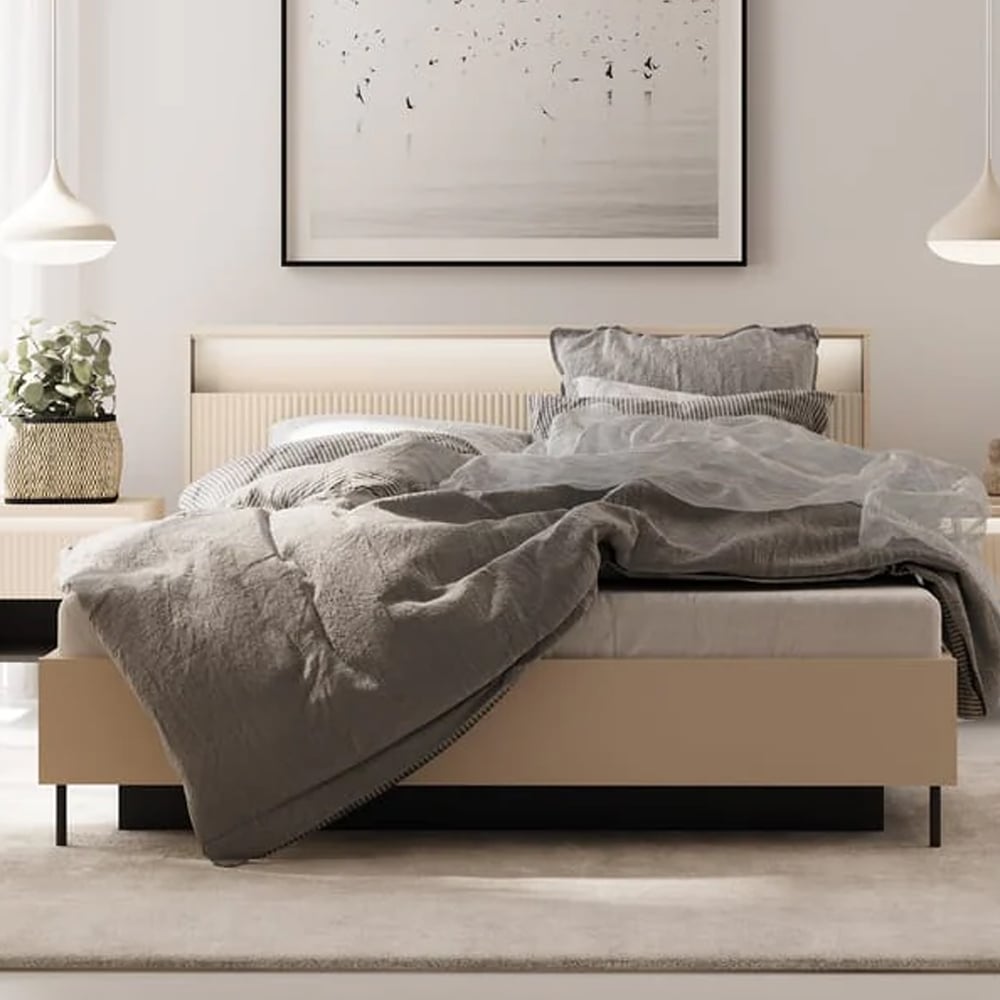 Trier Wooden Ottoman Super King Size Bed In Beige And LED