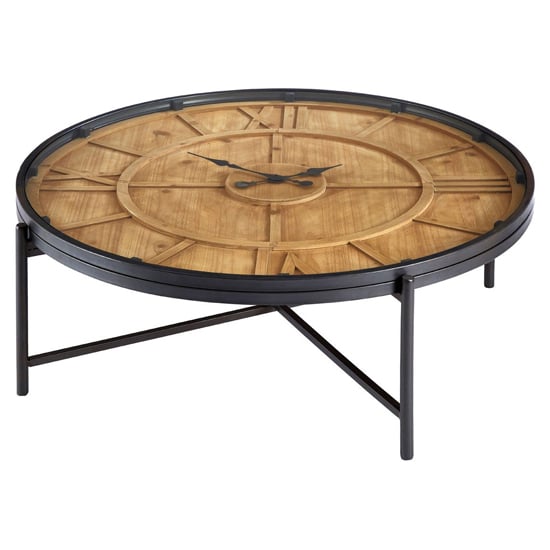 Photo of Trigona round glass clock coffee table with black metal frame