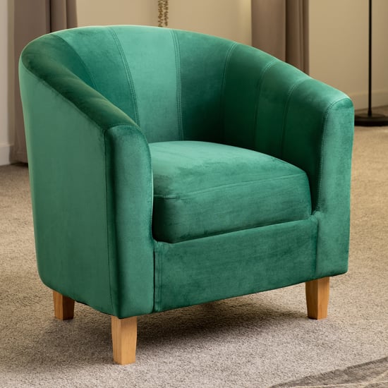 Trinkal Velvet Tub Chair In Emerald Green With Wooden Legs
