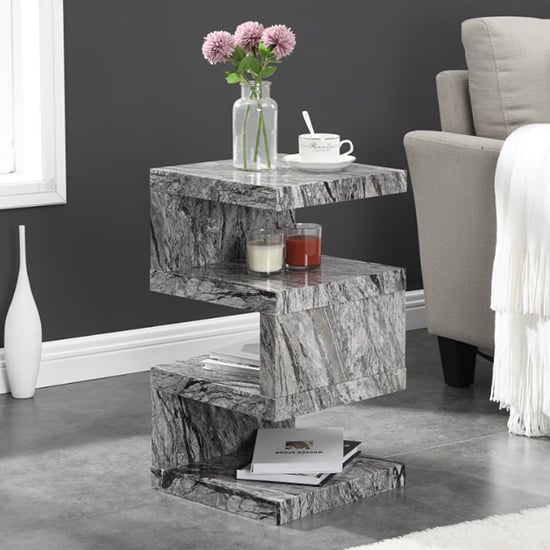 Trio High Gloss 2 Tier Side Table In Melange Marble Effect_1
