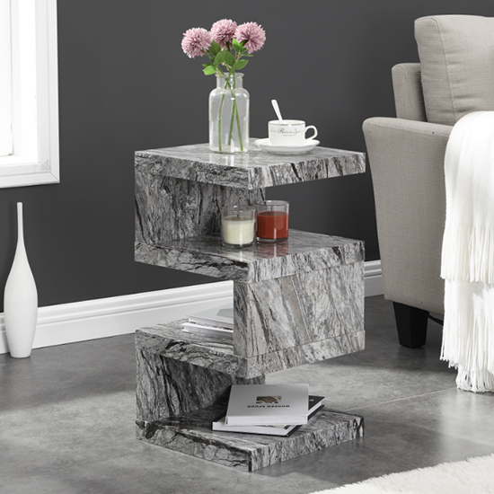 Product photograph of Trio High Gloss 2 Tier Side Table In Melange Marble Effect from Furniture in Fashion