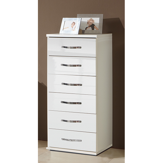 Photo of Trio wooden chest of drawers in high gloss white with 6 drawers