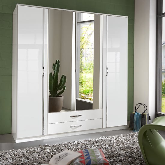 Trio Wooden Large Wardrobe In High Gloss White With 2 Mirrors