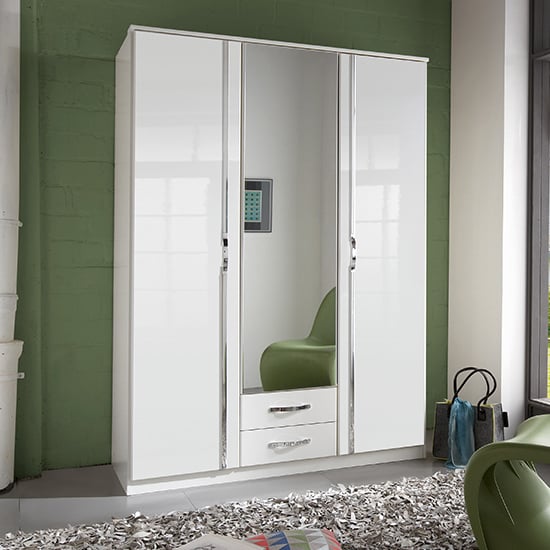 Trio Wooden Wide Wardrobe In High Gloss White With 1 Mirror