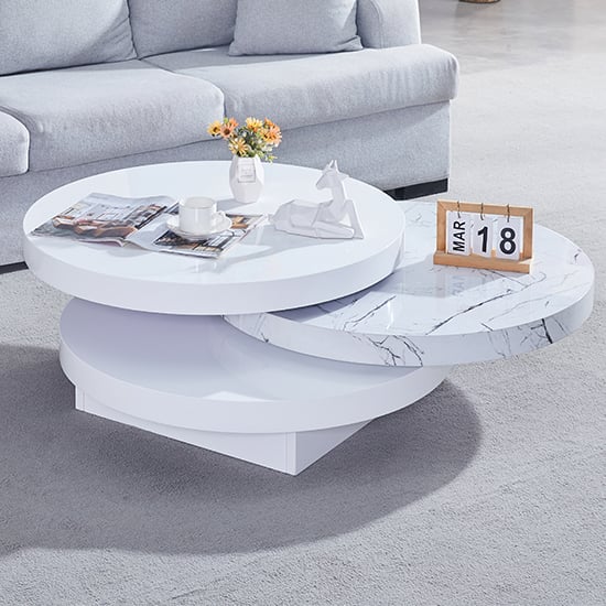 Product photograph of Triplo Round Rotating Coffee Table In Vida Marble Effect from Furniture in Fashion