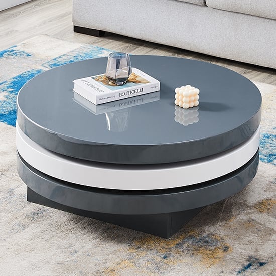 Product photograph of Triplo Round High Gloss Rotating Coffee Table In Grey And White from Furniture in Fashion