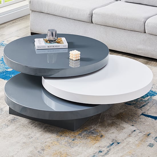 Triplo Gloss Rotating Round Coffee Table In Grey And White