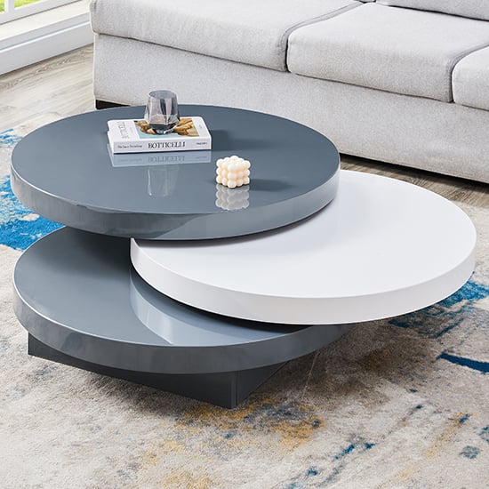 Product photograph of Triplo Round High Gloss Rotating Coffee Table In Grey And White from Furniture in Fashion