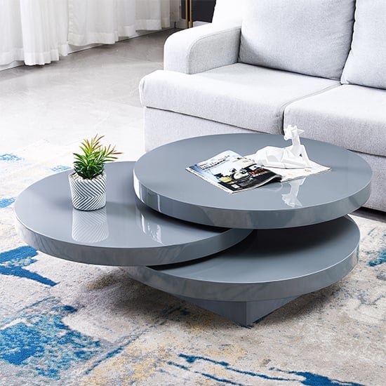 Product photograph of Triplo Round High Gloss Rotating Coffee Table In Grey from Furniture in Fashion