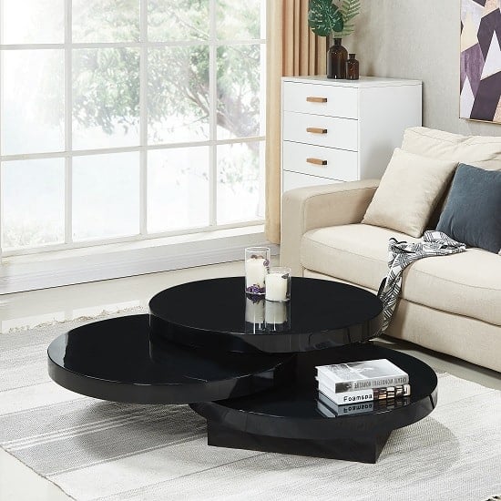 Product photograph of Triplo Round High Gloss Rotating Coffee Table In Black from Furniture in Fashion