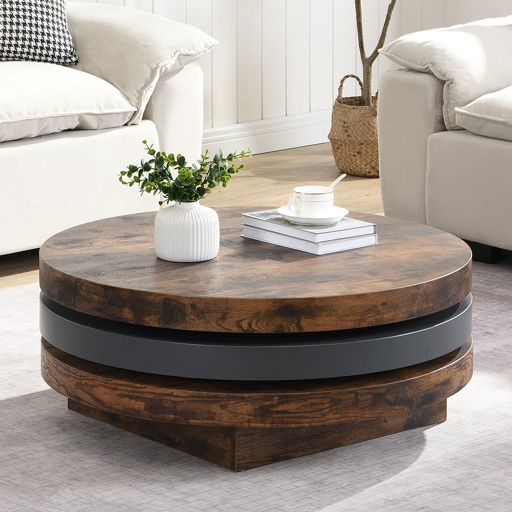 Triplo Round Wooden Rotating Coffee Table In Rustic Oak And Grey