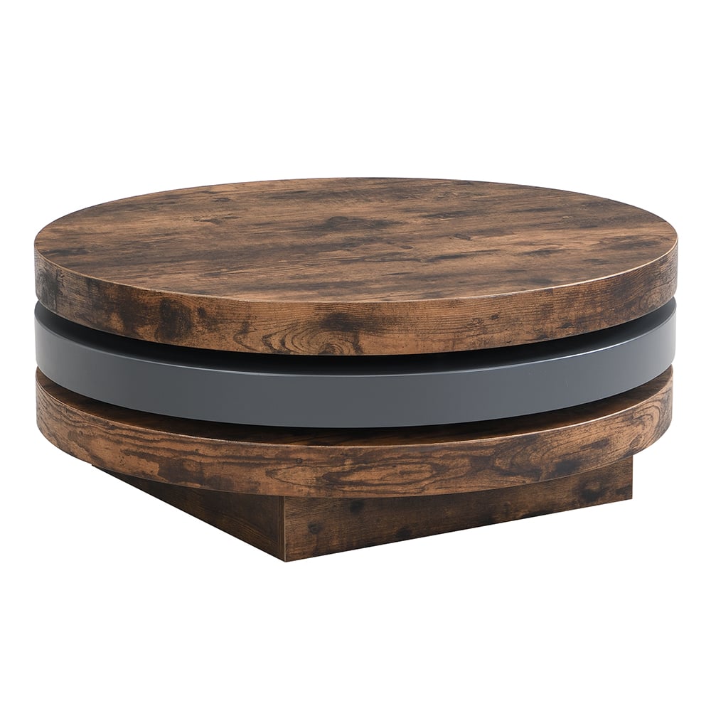 Triplo Round Wooden Rotating Coffee Table In Rustic Oak And Grey