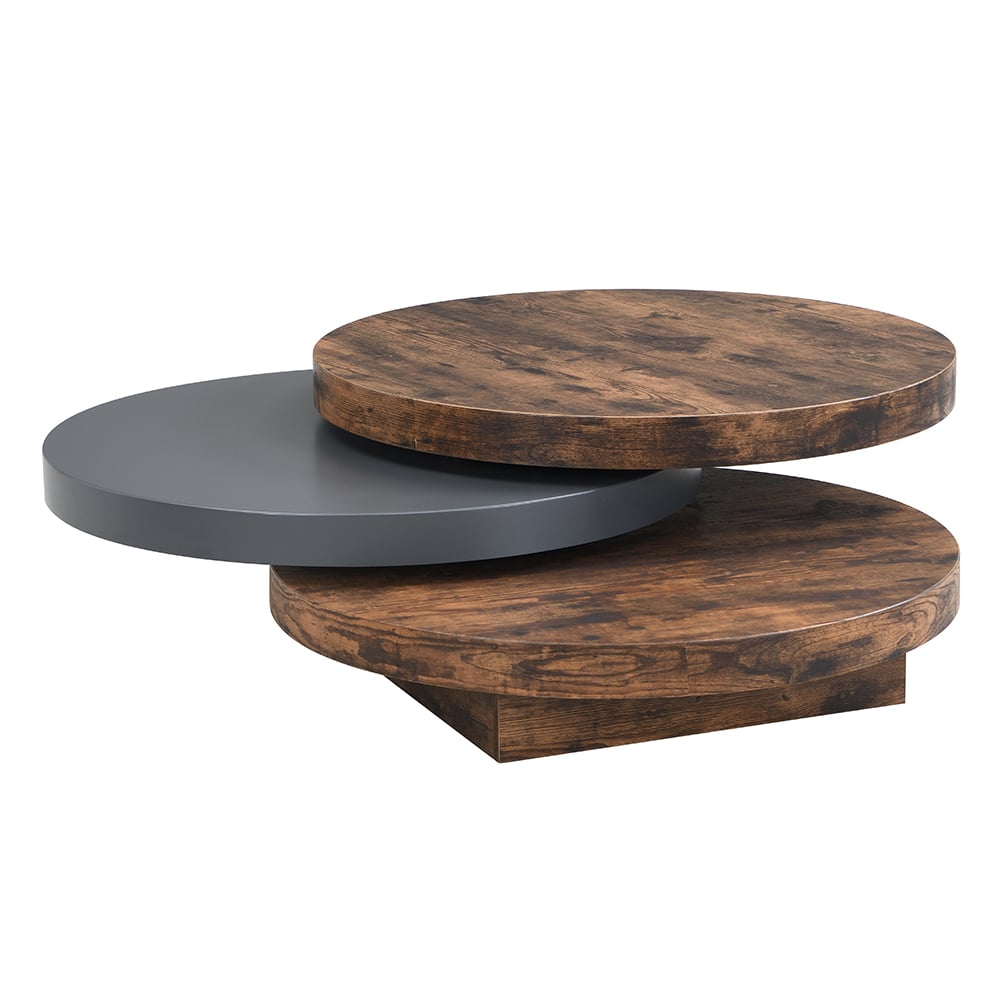 Triplo Round Wooden Rotating Coffee Table In Rustic Oak And Grey