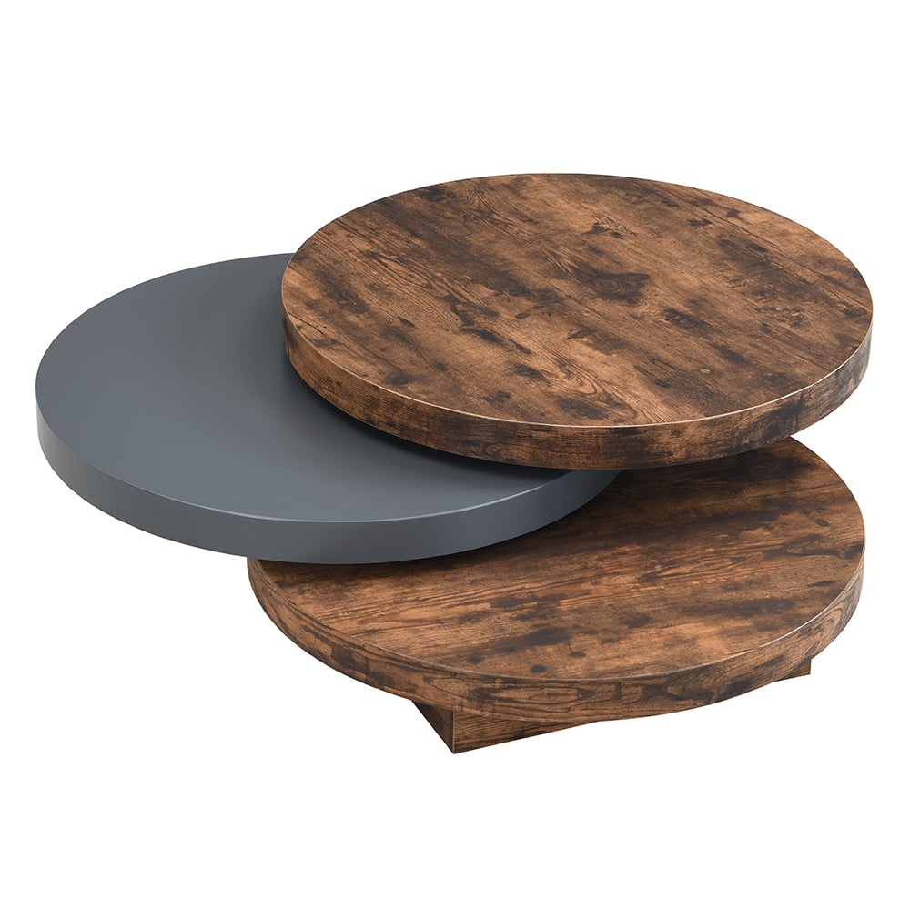 Triplo Round Wooden Rotating Coffee Table In Rustic Oak And Grey