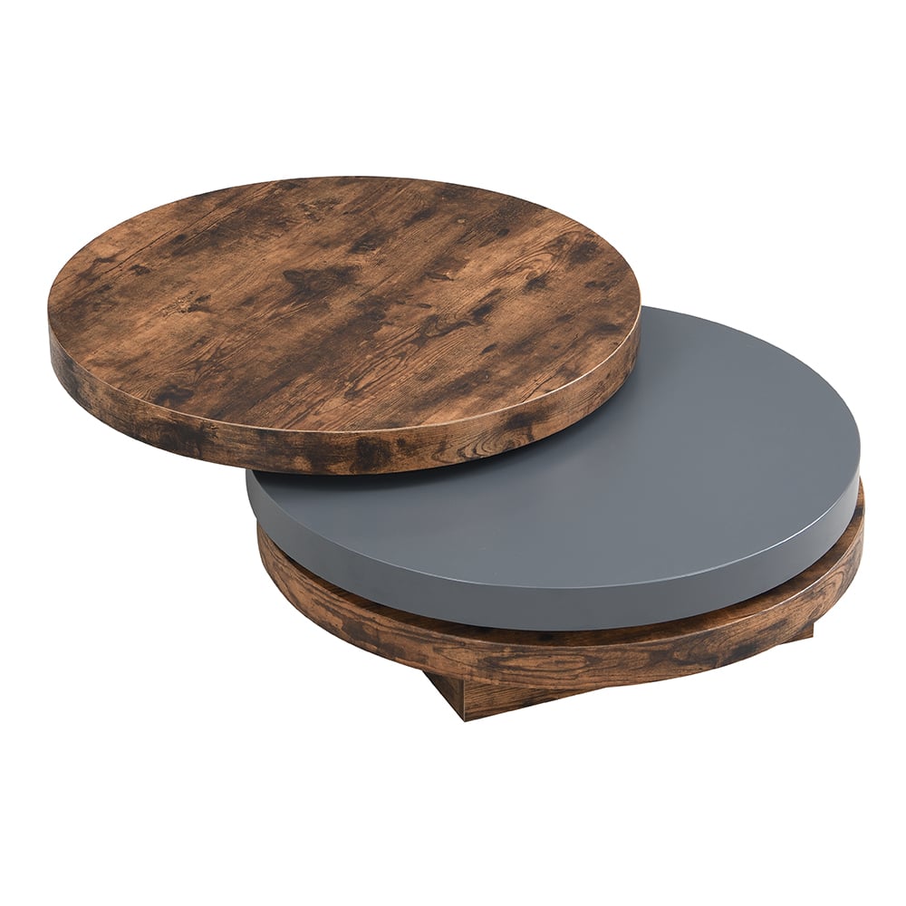 Triplo Round Wooden Rotating Coffee Table In Rustic Oak And Grey