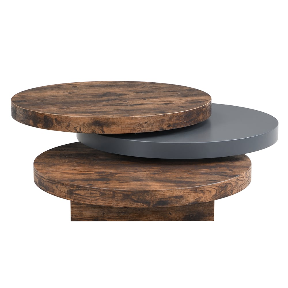 Triplo Round Wooden Rotating Coffee Table In Rustic Oak And Grey