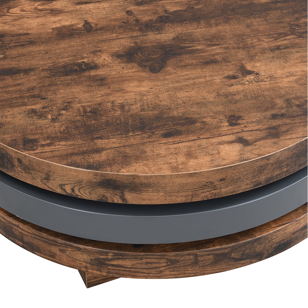 Triplo Round Wooden Rotating Coffee Table In Rustic Oak And Grey