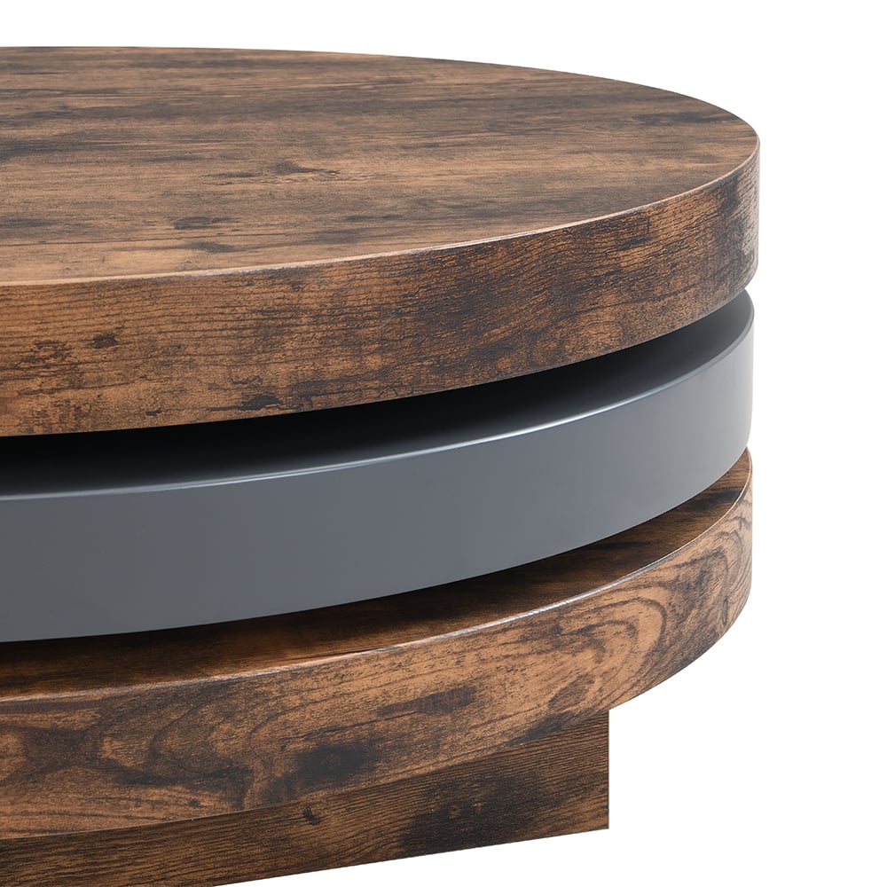 Triplo Round Wooden Rotating Coffee Table In Rustic Oak And Grey