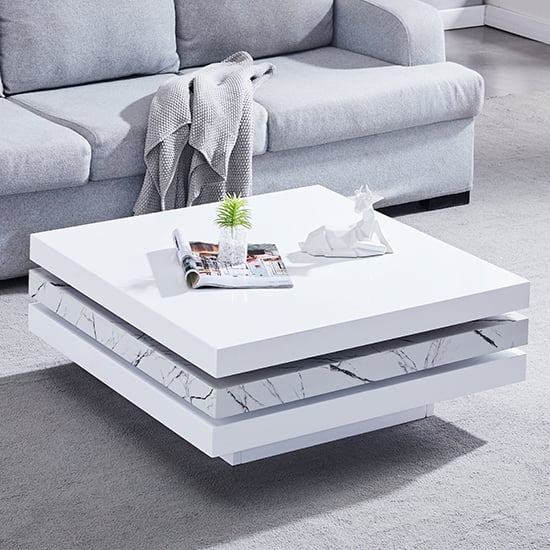 Triplo White Square Rotating Coffee Table In Vida Marble Effect_2