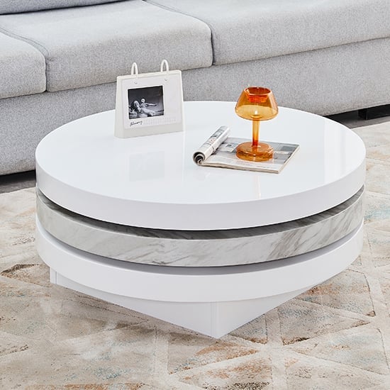 Triplo Round Rotating Coffee Table With Magnesia Marble Effect Furniture in Fashion