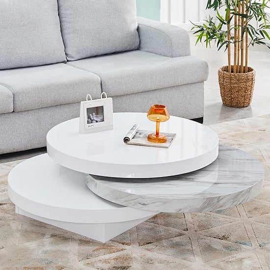 Product photograph of Triplo Round Rotating Coffee Table With Magnesia Marble Effect from Furniture in Fashion