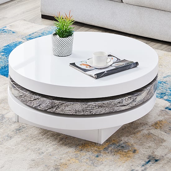 Triplo Round Rotating Coffee Table With Melange Marble Effect_2