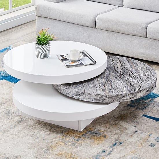 Read more about Triplo round rotating coffee table with melange marble effect