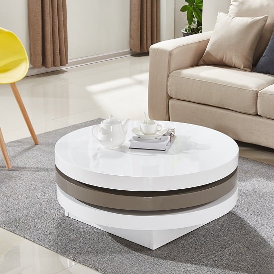 Product photograph of Triplo Gloss Rotating Round Coffee Table In White And Stone from Furniture in Fashion