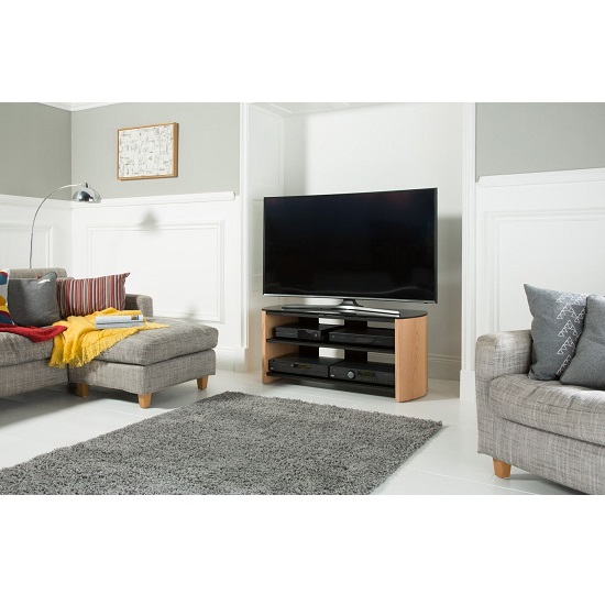 Flare Large Black Glass TV Stand With Light Oak Wooden Base