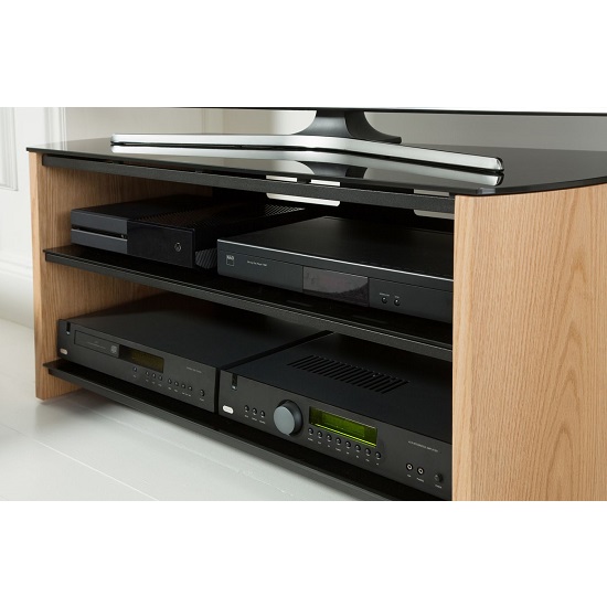 Flare Large Black Glass TV Stand With Light Oak Wooden Base