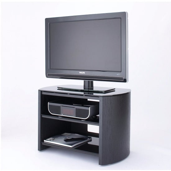 Photo of Flare small black glass tv stand with black oak wooden base