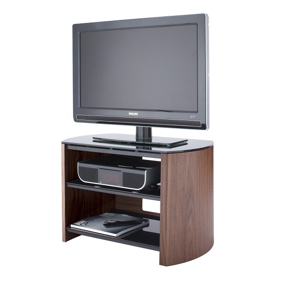 Photo of Flare small black glass tv stand with walnut wooden base