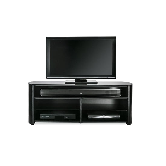 Read more about Flare black glass tv stand with black oak wooden base