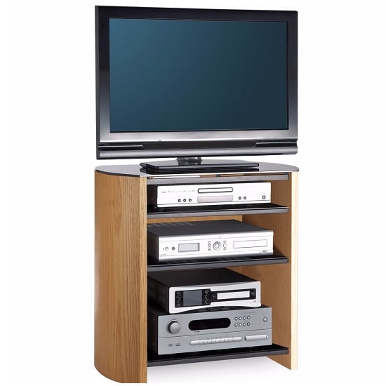 Read more about Flare tall black glass tv stand with light oak wooden base