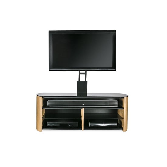 Product photograph of Flare Black Glass Tv Stand With Light Oak Wooden Base from Furniture in Fashion