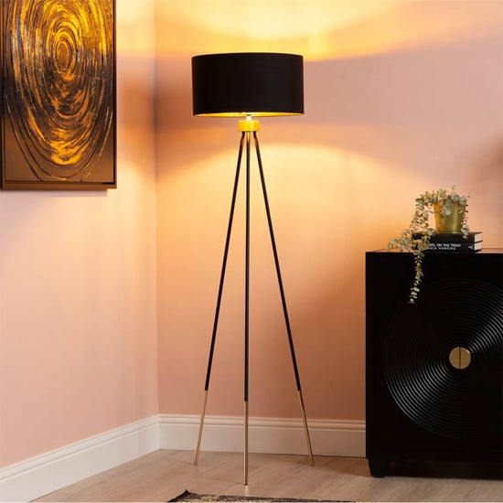 Photo of Troy black linen shade floor lamp with black and gold tripod