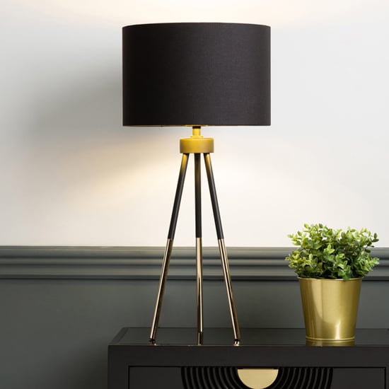 Product photograph of Troy Black Linen Shade Table Lamp With Black And Gold Tripod from Furniture in Fashion