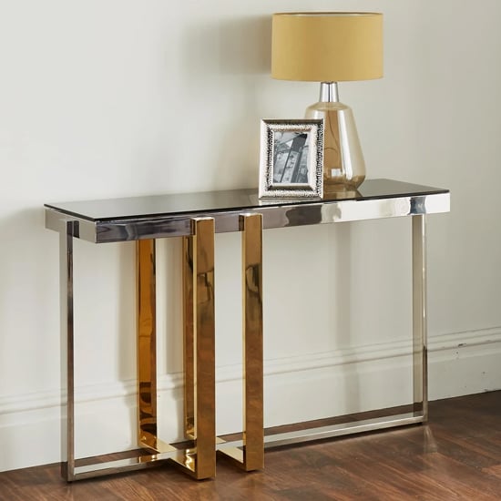 Read more about Troy grey glass console table with gold and silver metal frame