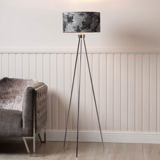 Product photograph of Troy Linen Shade Silver Inside Floor Lamp With Chrome Tripod from Furniture in Fashion