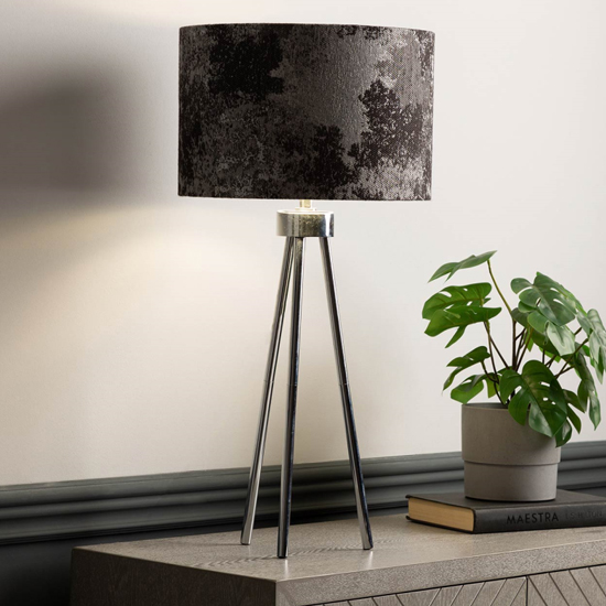Product photograph of Troy Linen Shade Silver Inside Table Lamp With Chrome Tripod from Furniture in Fashion