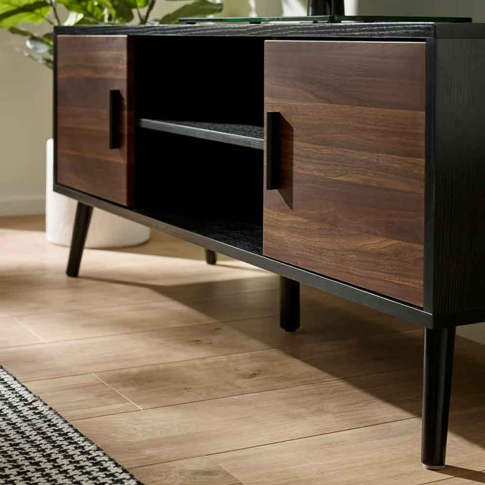 Tudor Wooden TV Stand With 2 Doors in Walnut and Black Oak