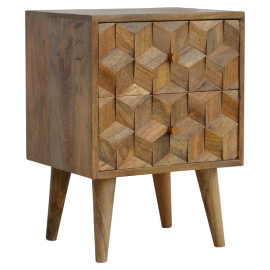 Photo of Tufa wooden cube carved bedside cabinet in oak ish 2 drawers