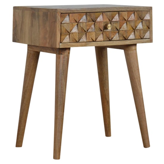 Read more about Tufa wooden diamond carved bedside cabinet in oak ish 1 drawer