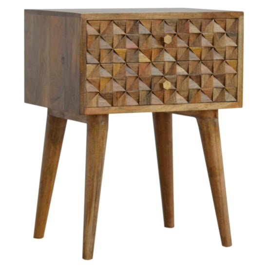 Read more about Tufa wooden diamond carved bedside cabinet in oak ish 2 drawers