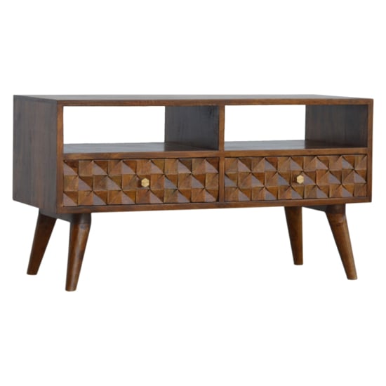 Product photograph of Tufa Wooden Diamond Carved Tv Stand In Chestnut With 2 Drawers from Furniture in Fashion
