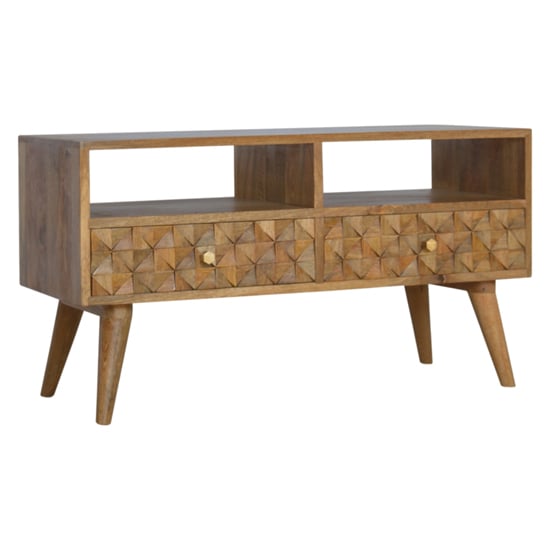 Product photograph of Tufa Wooden Diamond Carved Tv Stand In Oak Ish With 2 Drawers from Furniture in Fashion