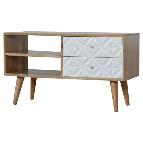 Read more about Tufa wooden diamond carved tv stand in oak ish and white