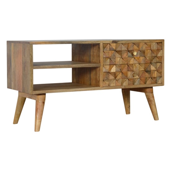 Tufa Wooden Diamond Carved TV Stand In Oak Ish