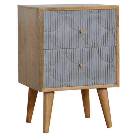 Product photograph of Tufa Wooden Geometric Carved Bedside Cabinet In Oak Ish And Grey from Furniture in Fashion