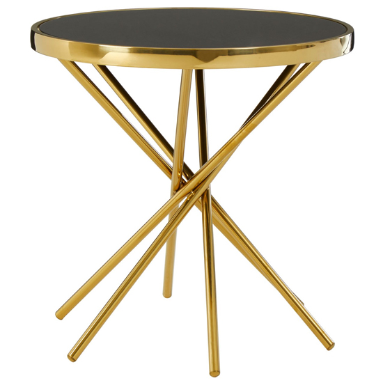 Saclateni Black Glass Round Side Table With Gold Abstract Base